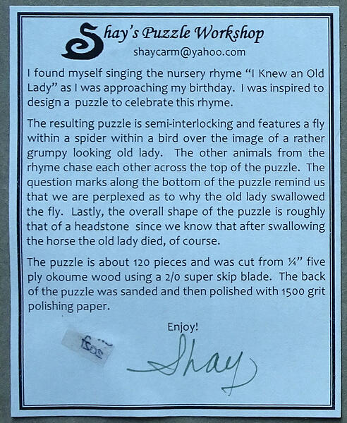 Note from Shay, I Knew An Old Lady Who Swallowed A Fly