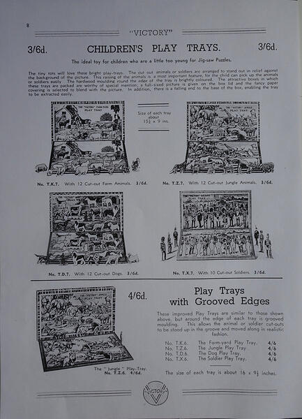 Victory c1937 Catalogue Pg8 Children's Play Trays 15pt5x9in Farm - Jungle - Dogs - Soldiers